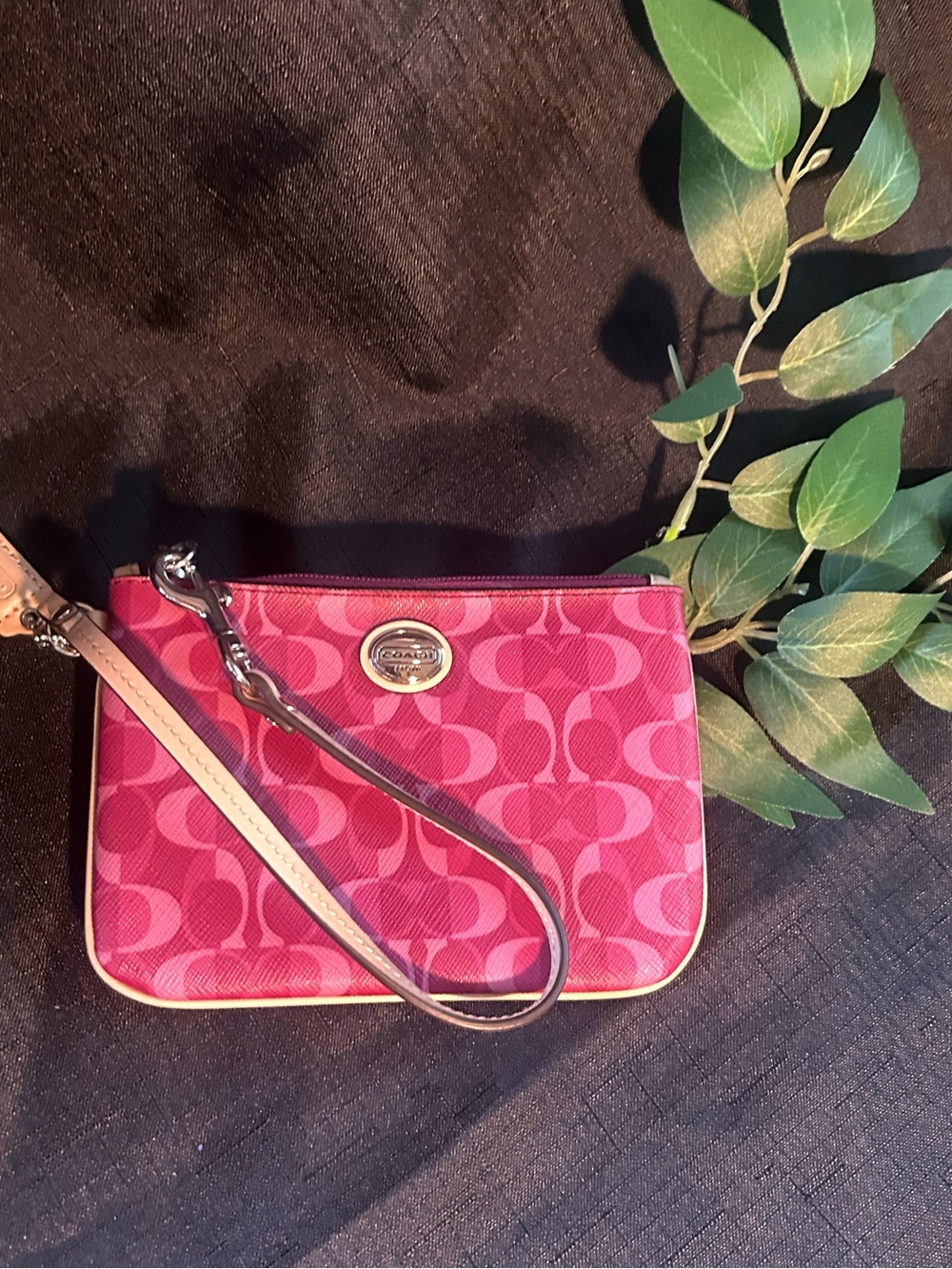 Coach Pink Signature Canvas Wristlet With Leather Trim